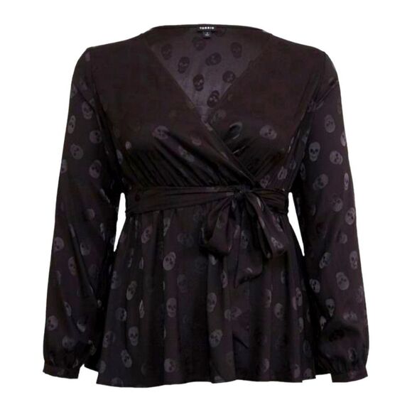 torrid Tops - TORRID Plus Size Black Skull Jacquard Surplice Top